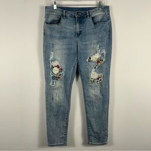 Distressed Blue Jeans with Floral Accents